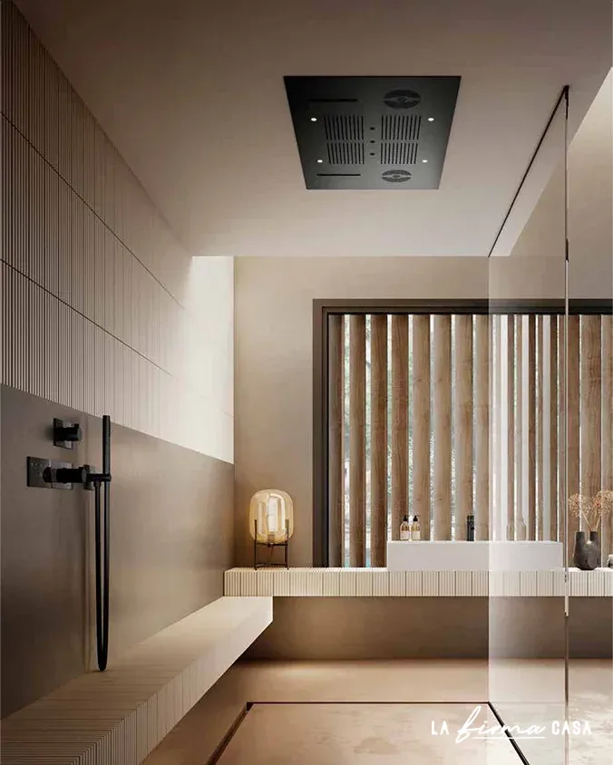 Beige bathroom with slatted screen and bench by Aquaelite in Canada