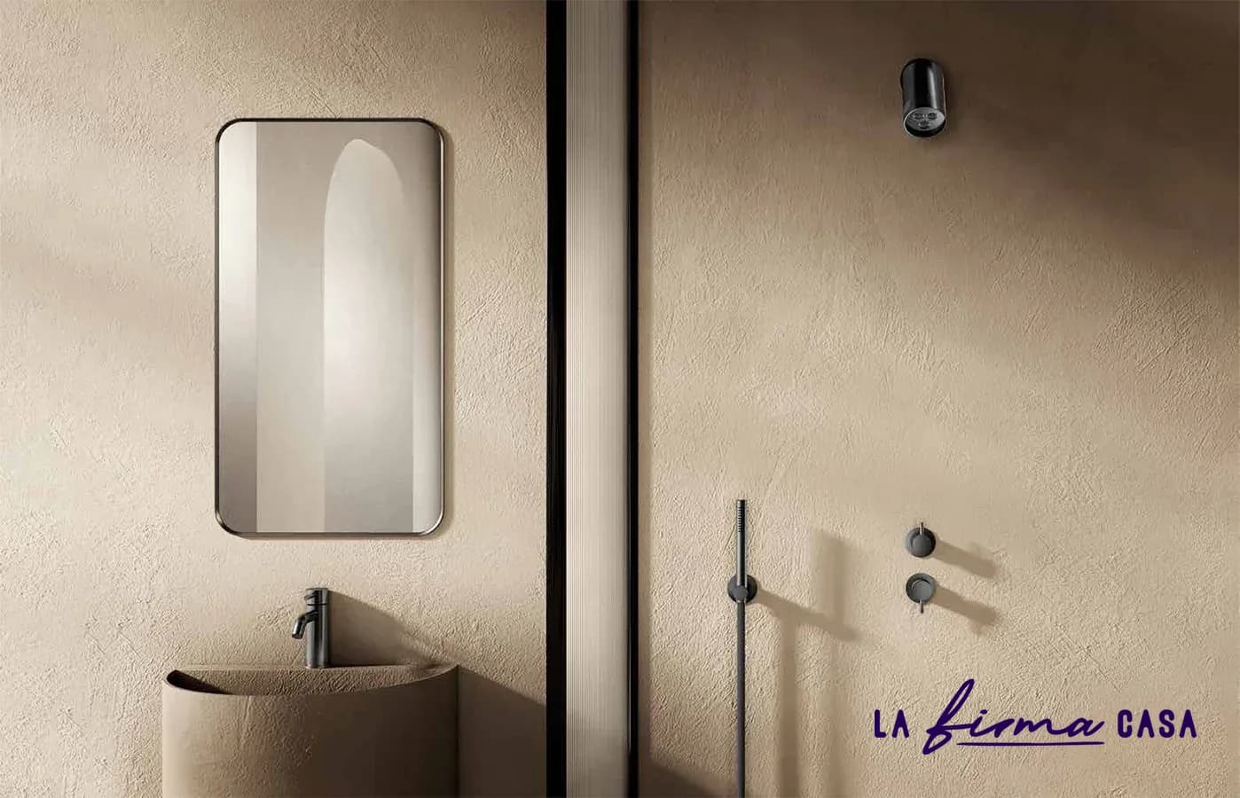 Beige stone bathroom with arched mirror by Aquaelite in Canada