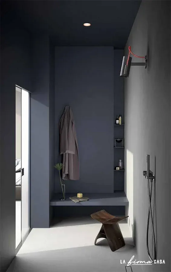 Blue grey shower alcove with bench by Aquaelite in Canada