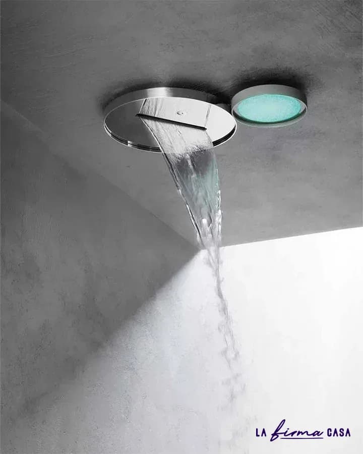 Circular ceiling head with cascade and teal light by Aquaelite in Canada