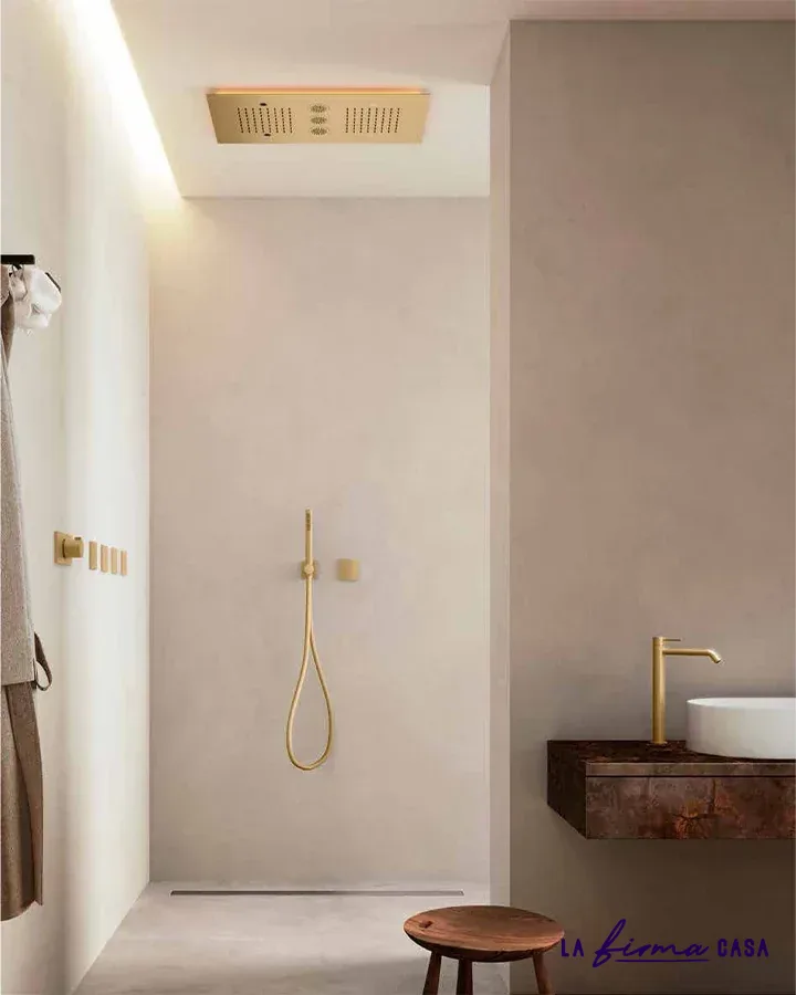 Cream bathroom with gold ceiling panel by Aquaelite in Canada