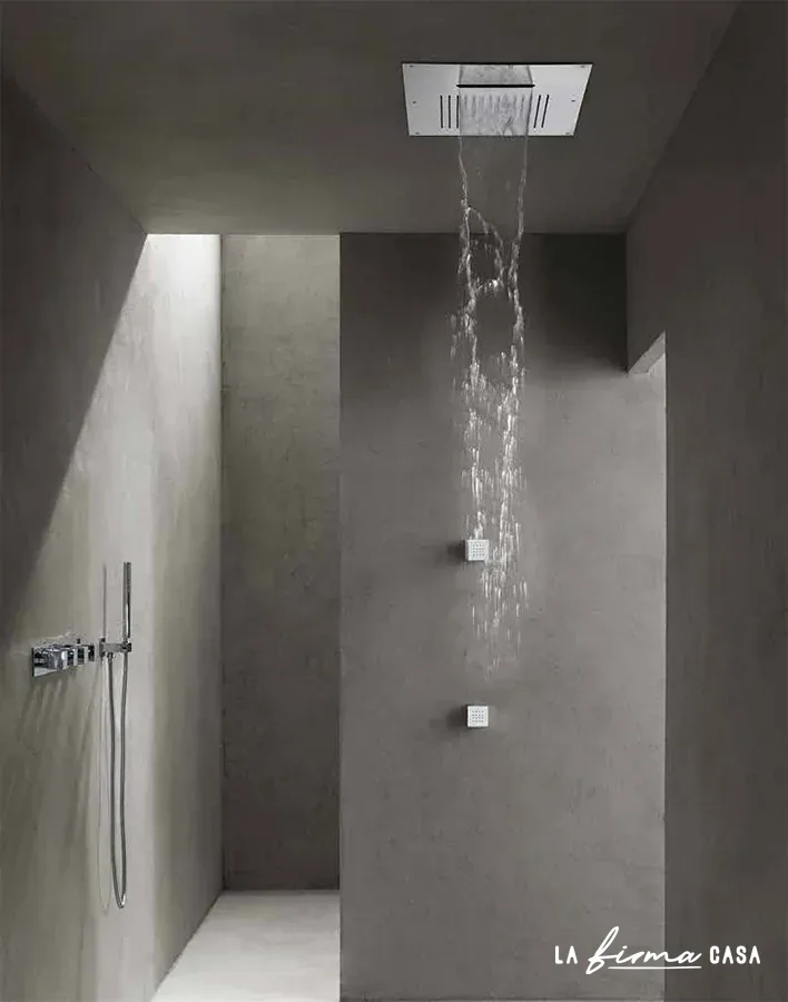 Grey shower with chrome ceiling rain panel by Aquaelite in Canada