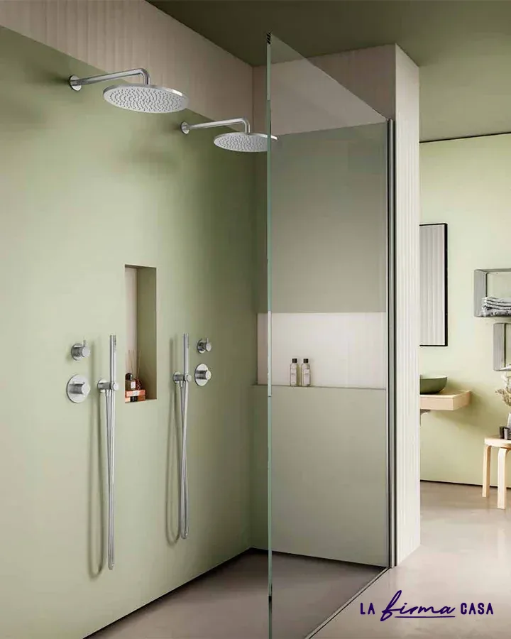 Sage green walk in shower with twin rain heads by Aquaelite in Canada
