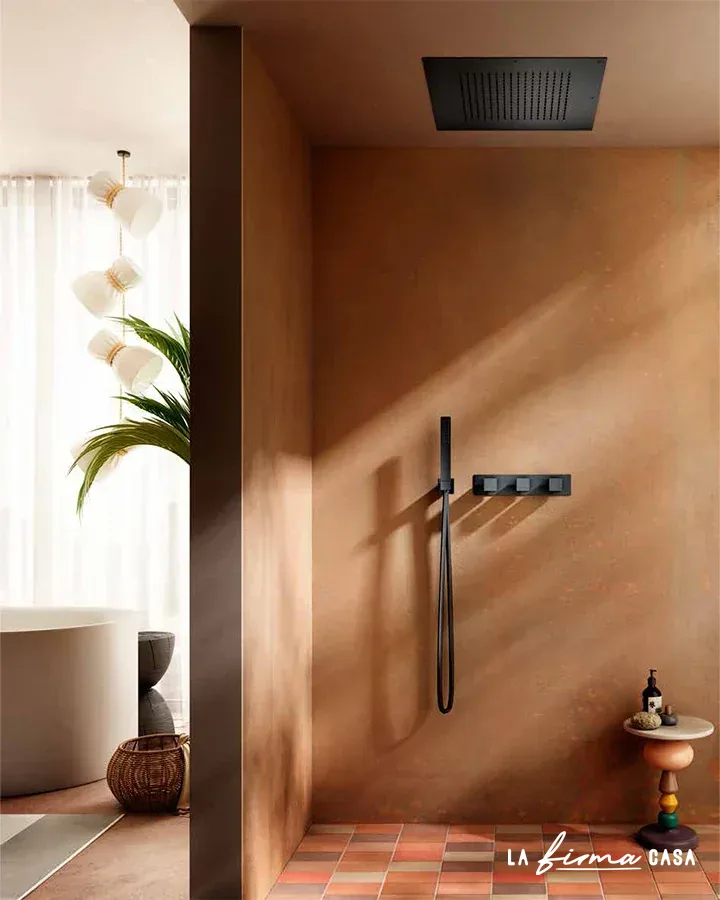 Terracotta shower with black fittings by Aquaelite in Canada