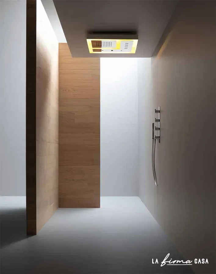 Wood lined shower with lit ceiling panel by Aquaelite in Canada
