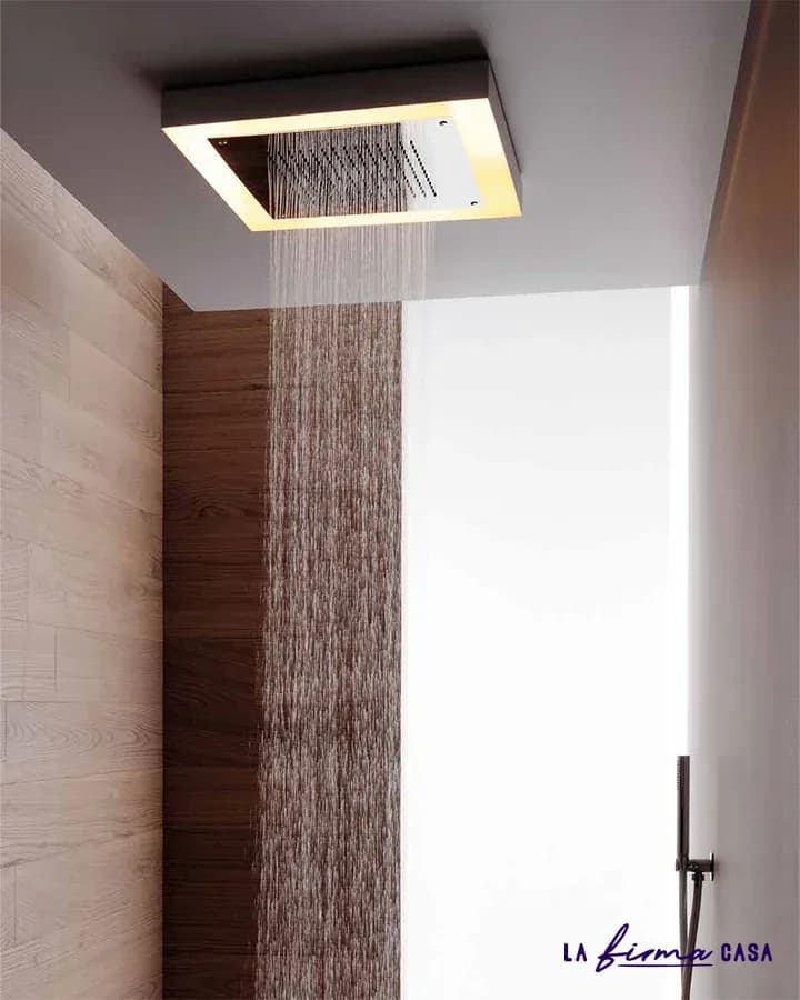 Wood panelled shower with backlit ceiling panel by Aquaelite in Canada