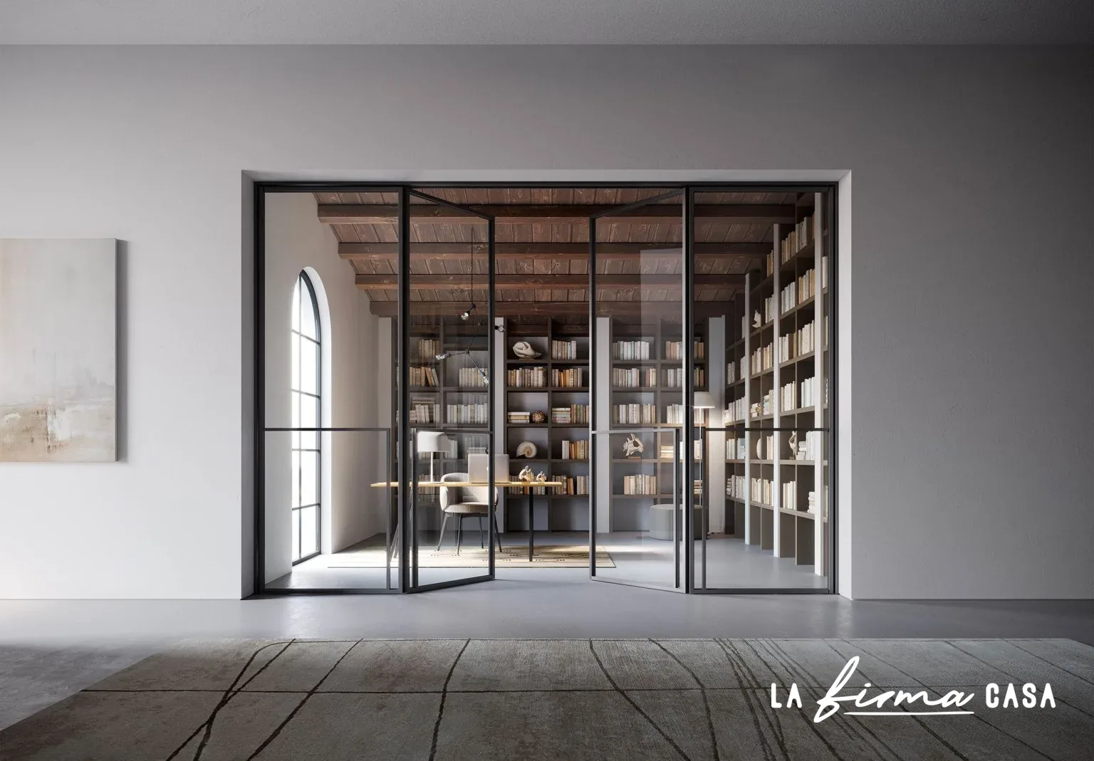 Black framed folding doors onto a library by Barausse in Canada