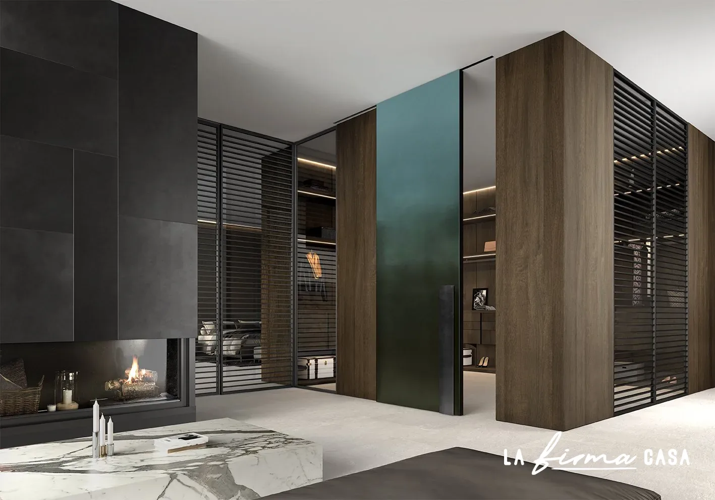 Bronze tinted glass doors beside a fireplace by Barausse in Canada