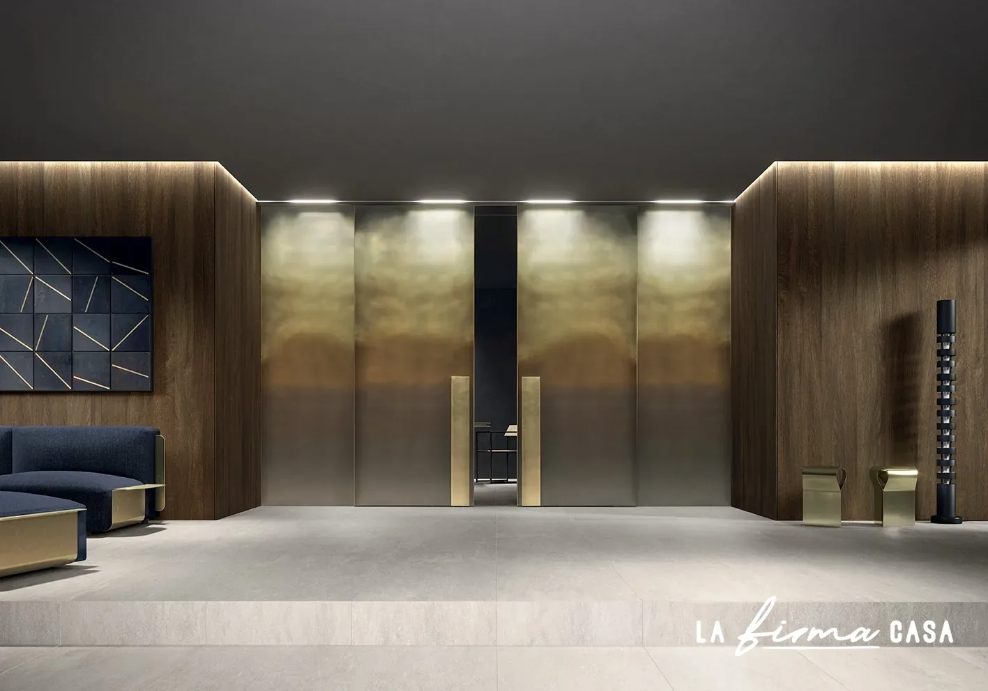 Brushed gold double doors in a hotel lobby by Barausse in Canada