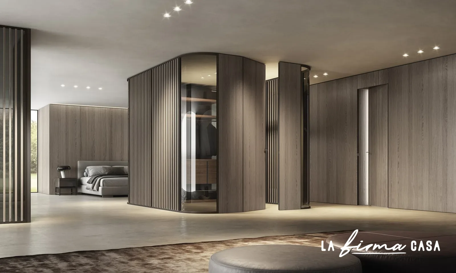 Curved walnut wardrobe partition system by Barausse in Canada