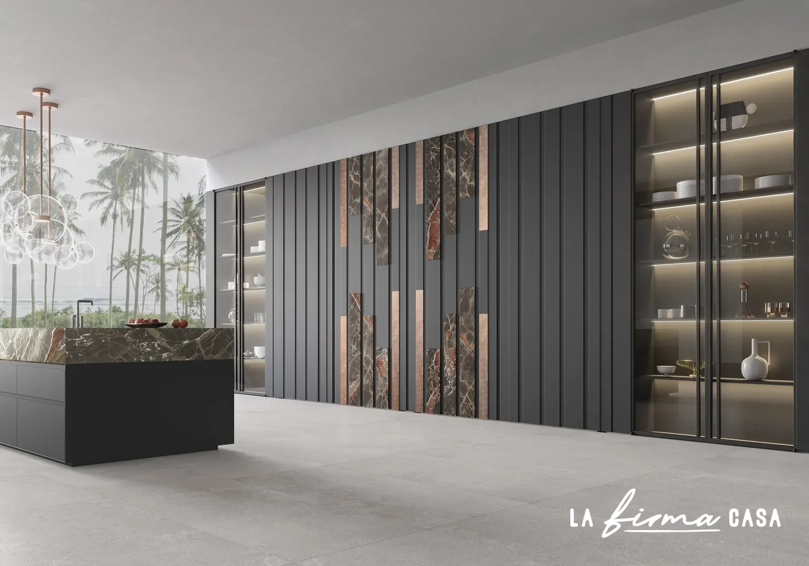 Dark fluted partition wall in an open kitchen by Barausse in Canada