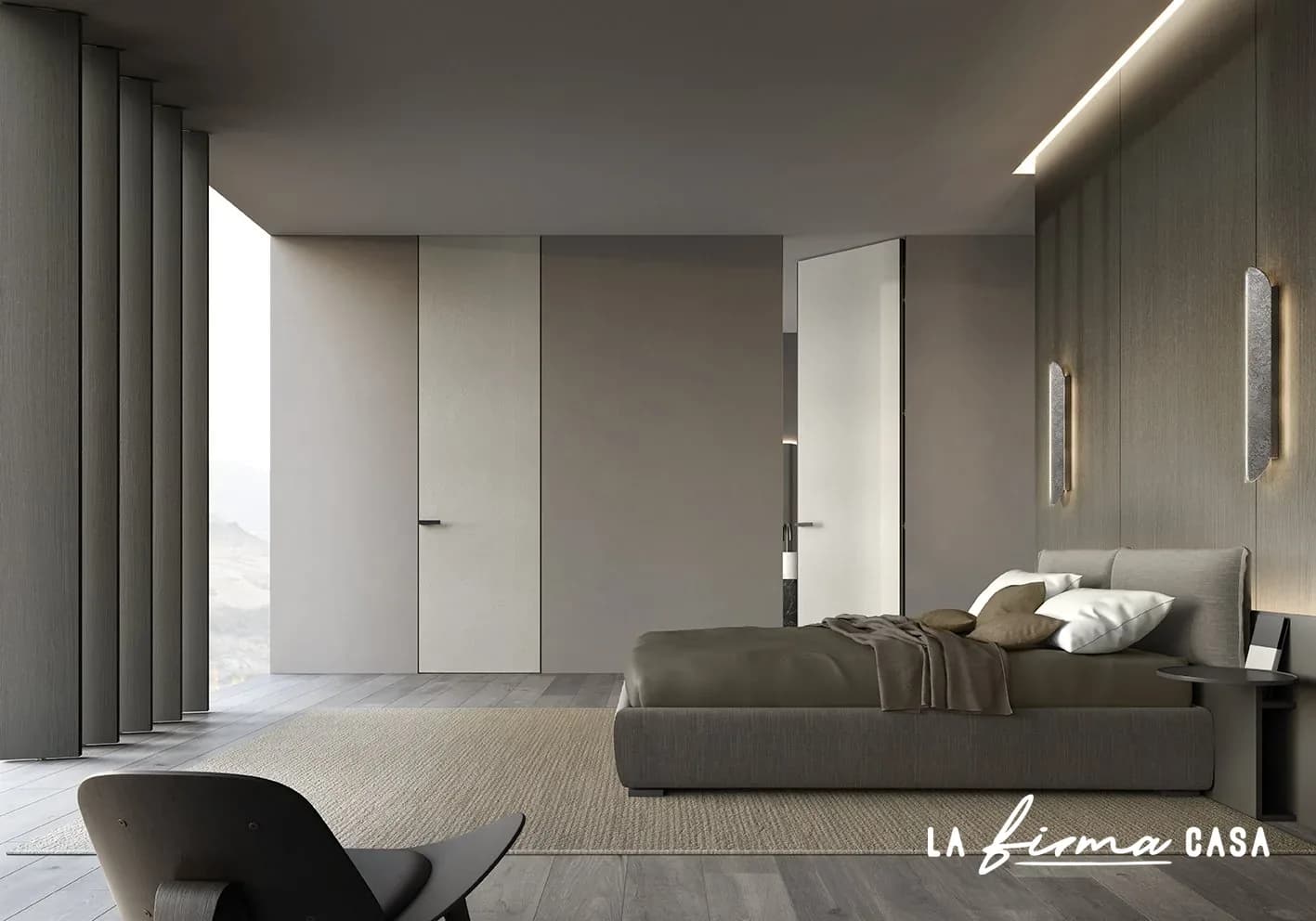 Flush secret doors in a pale grey bedroom by Barausse in Canada