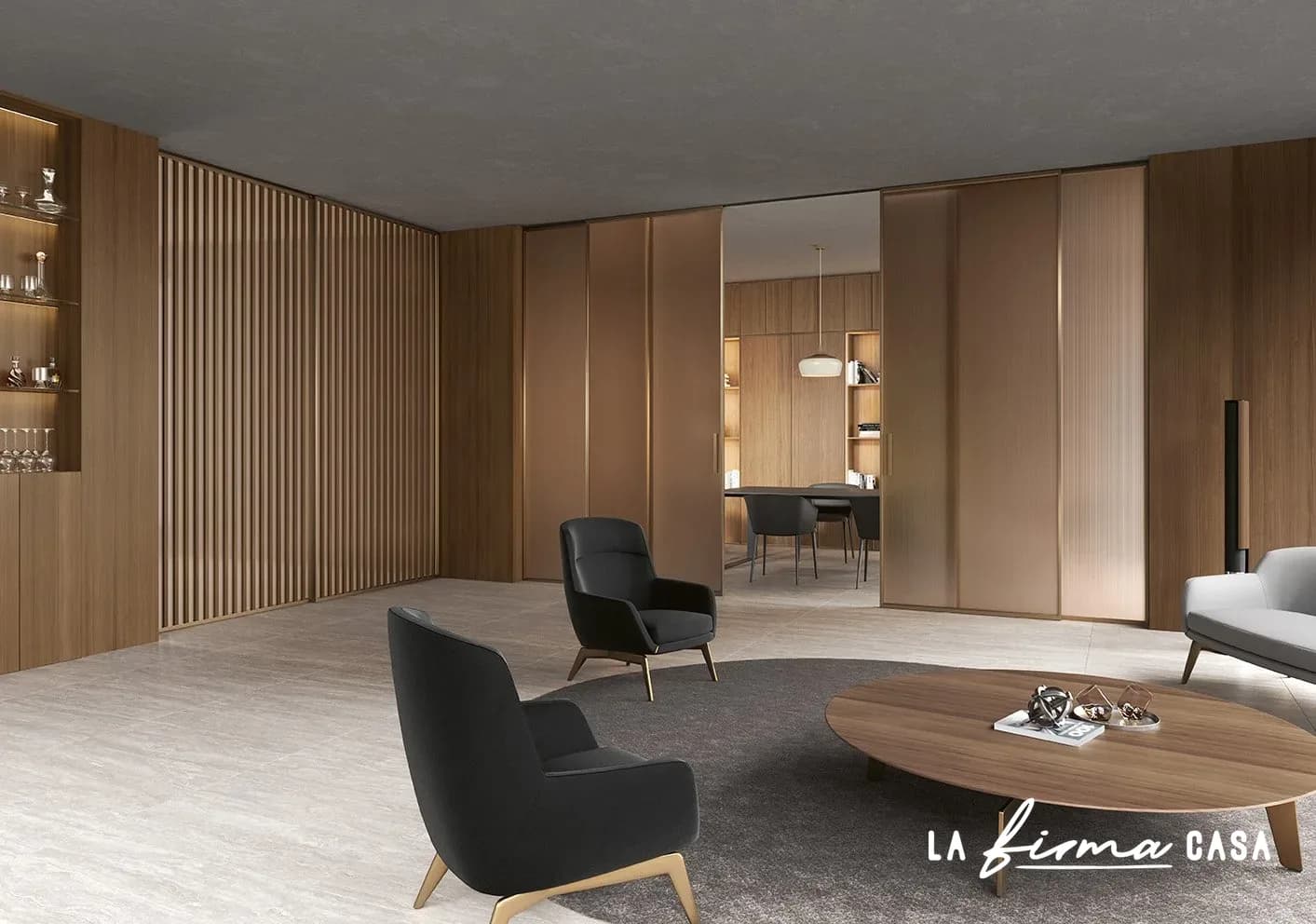 Fluted walnut partition in a lounge by Barausse in Canada