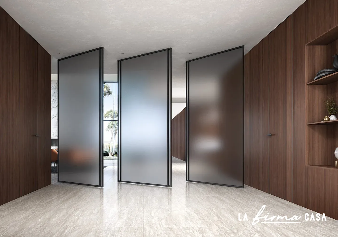 Frosted glass sliding doors in a walnut hallway by Barausse in Canada