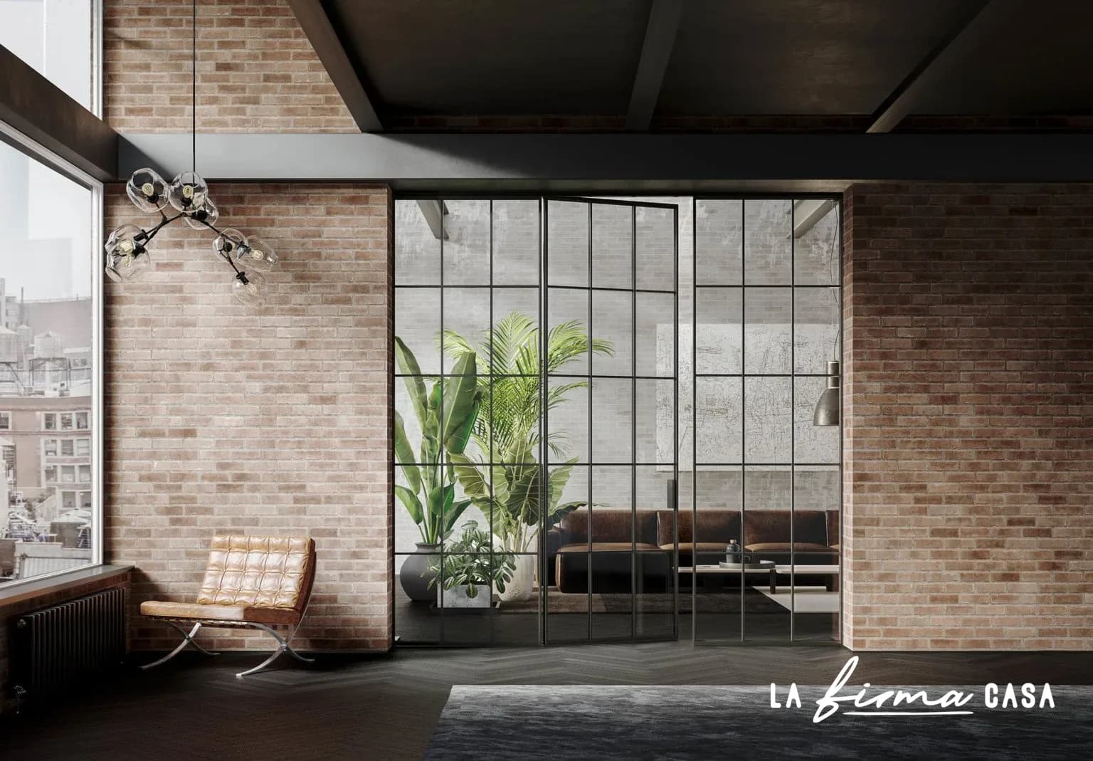 Glazed doors in a brick loft with city view by Barausse in Canada