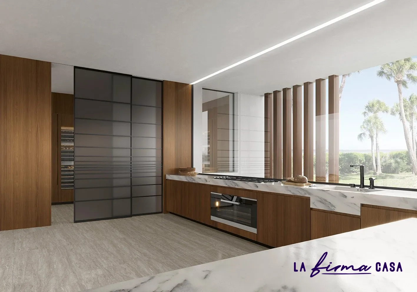 Smoked glass sliding doors in a walnut kitchen by Barausse in Canada