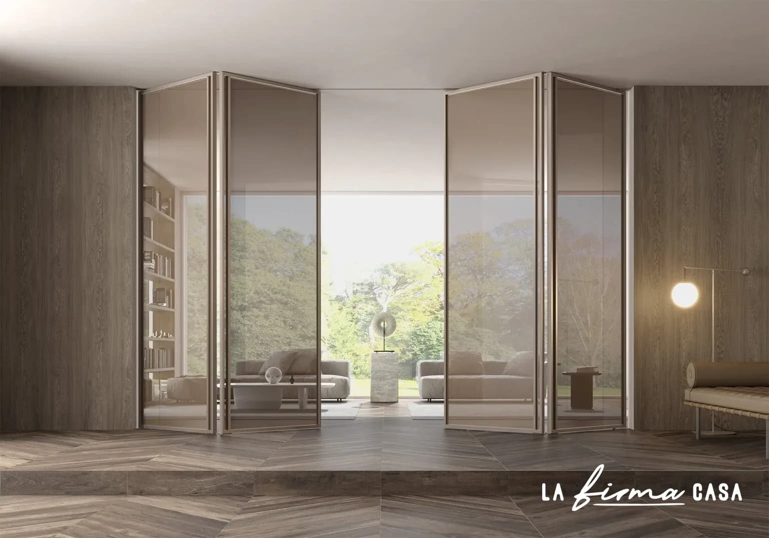 Titanio folding doors onto a garden terrace by Barausse in Canada