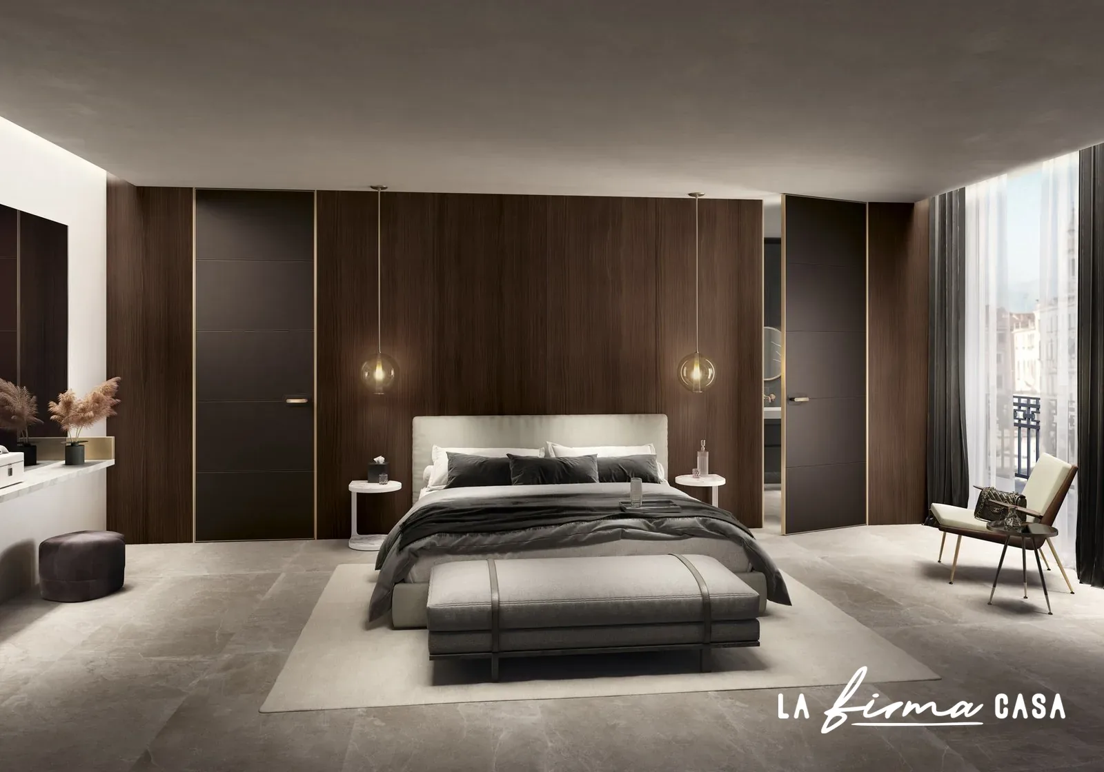 Walnut panelled bedroom with bronze doors by Barausse in Canada