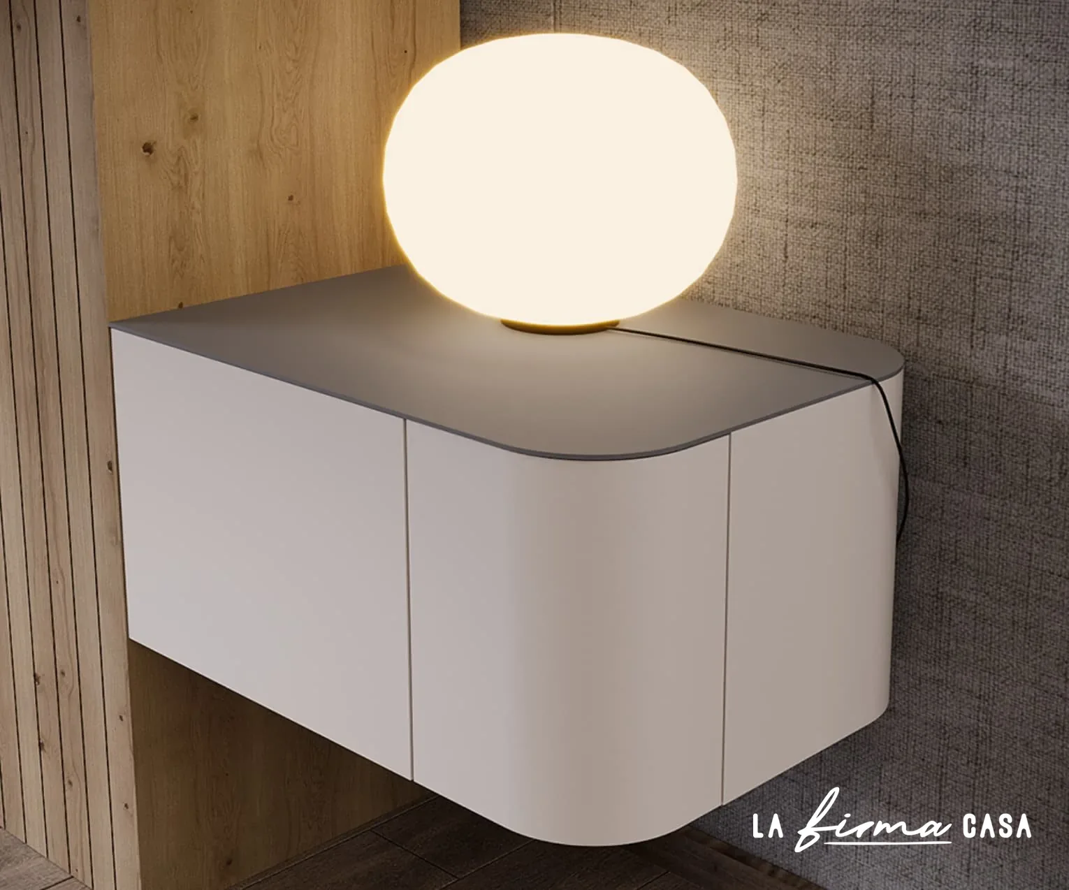 Curved wall mounted unit with a globe lamp by Clara & Home in Canada