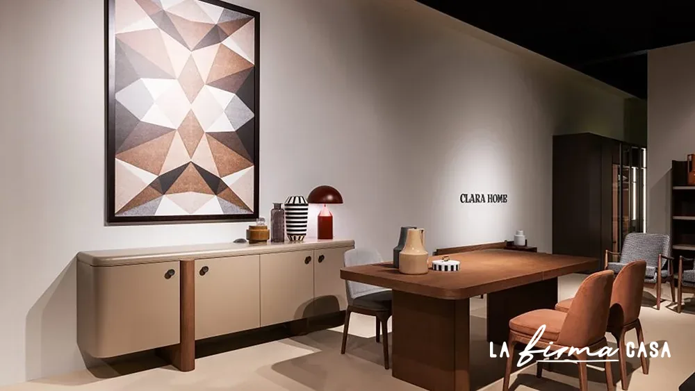 Dolmen taupe sideboard and walnut dining table by Clara & Home in Canada