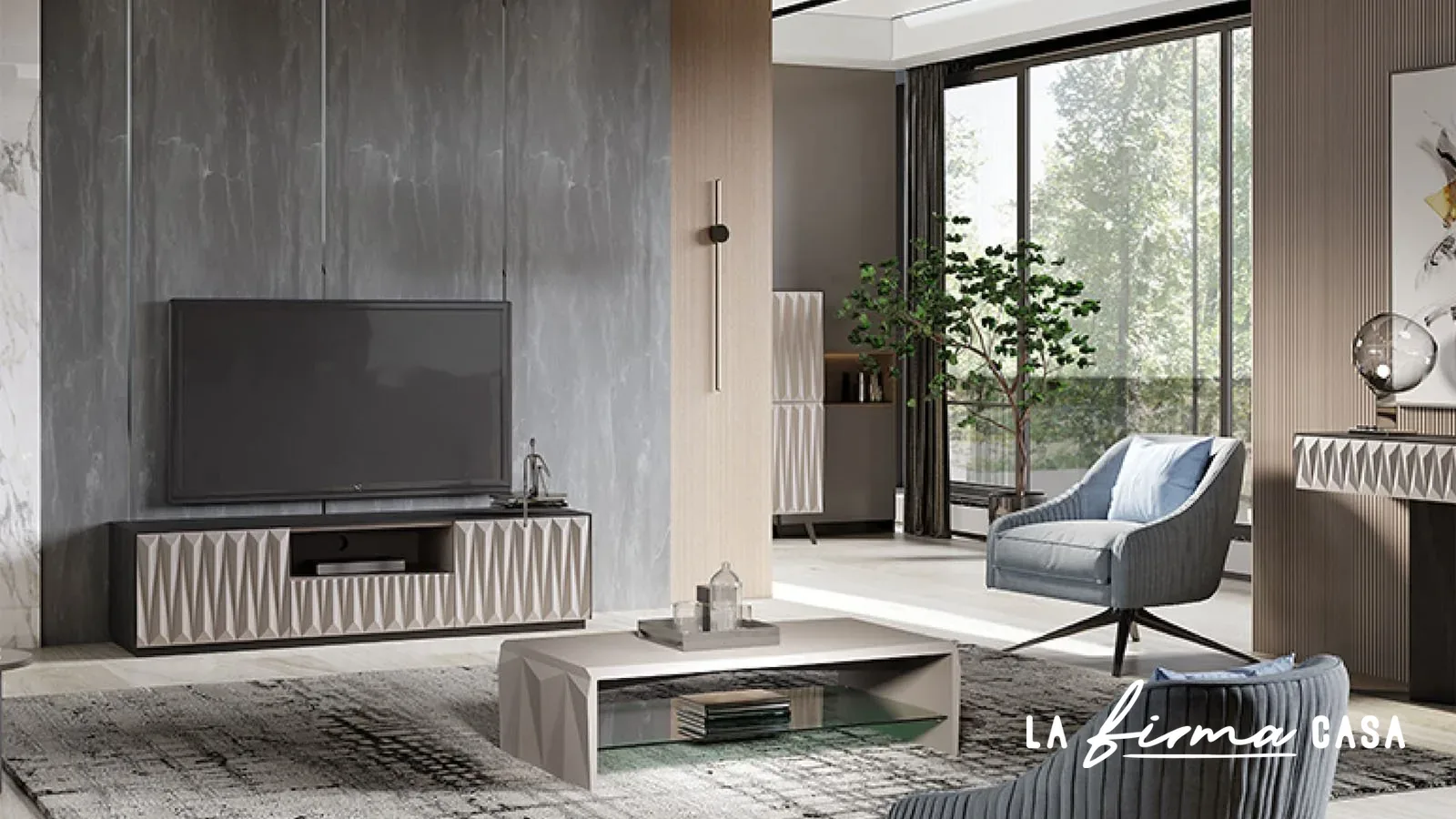Fluted tv unit in a concrete living room by Clara & Home in Canada