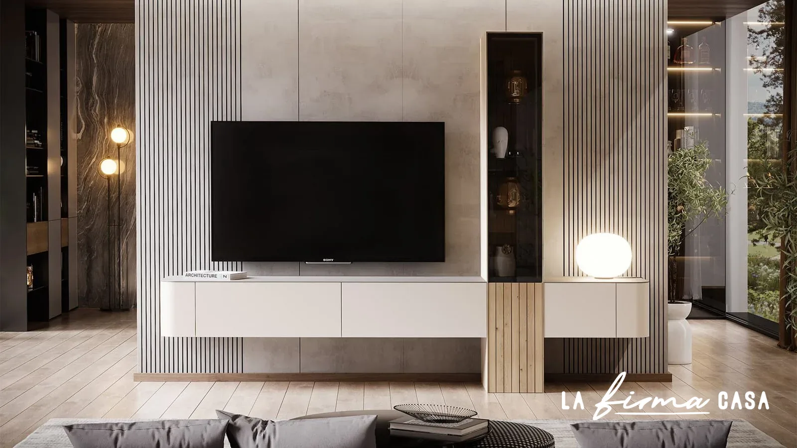 Fluted wall unit with a lit display niche by Clara & Home in Canada