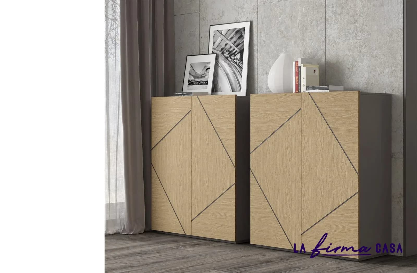 Mikado oak cabinets with diagonal inlays by Clara & Home in Canada