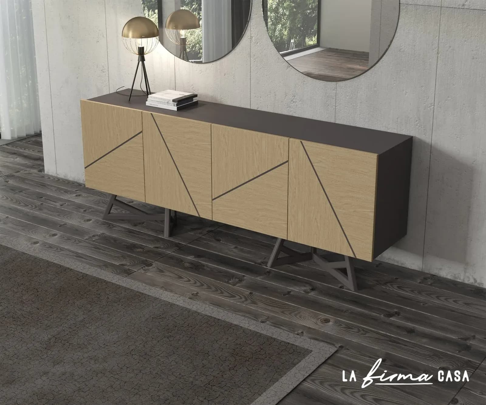 Mikado oak sideboard with round mirrors by Clara & Home in Canada