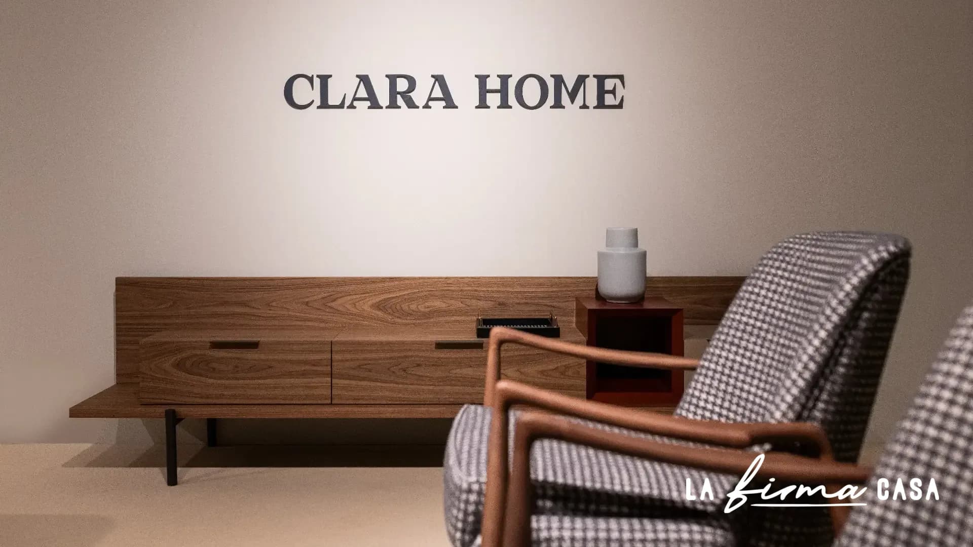 Showroom walnut sideboard under the brand sign by Clara & Home in Canada
