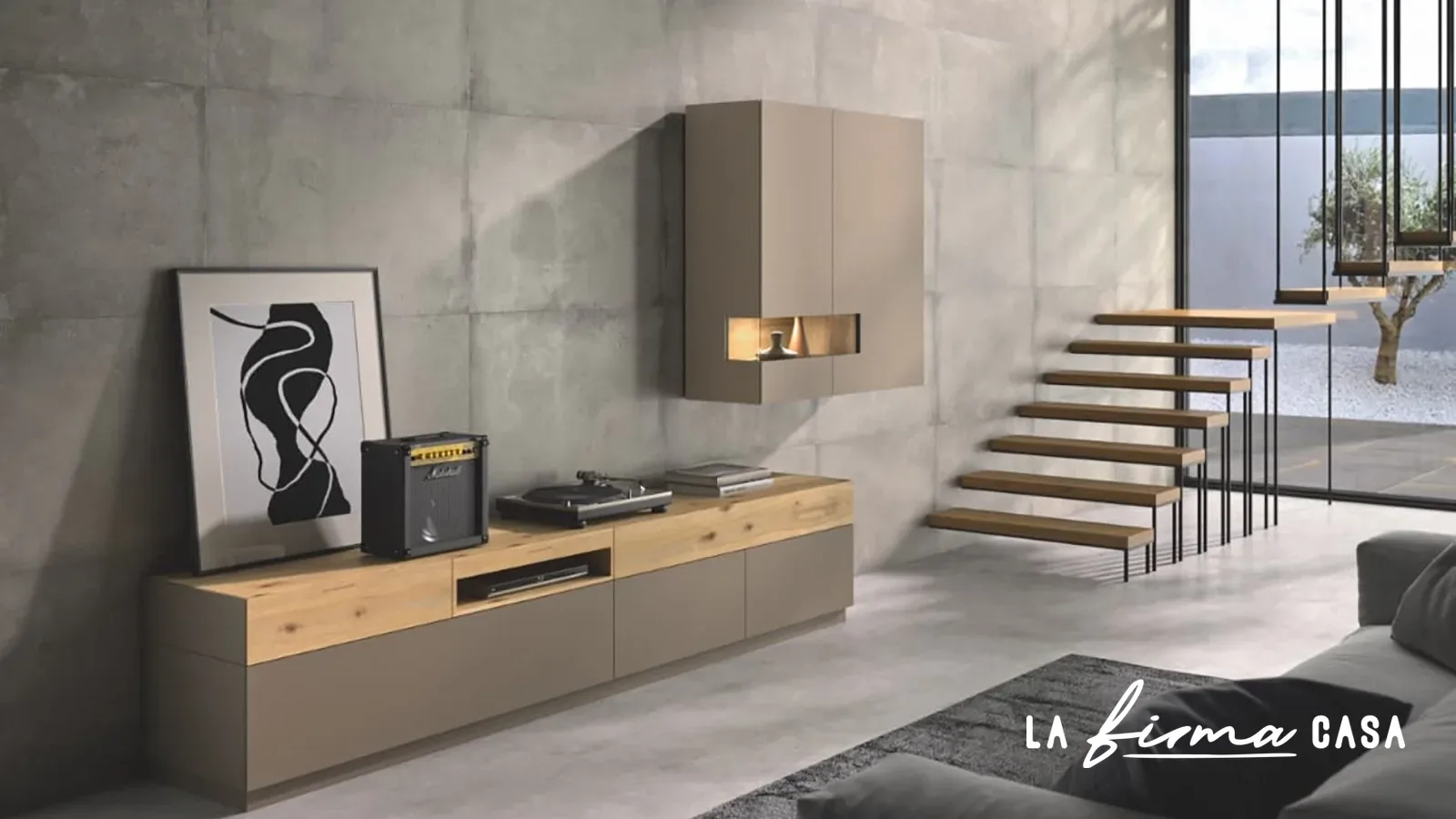 Taupe and oak tv lowboard by a staircase by Clara & Home in Canada