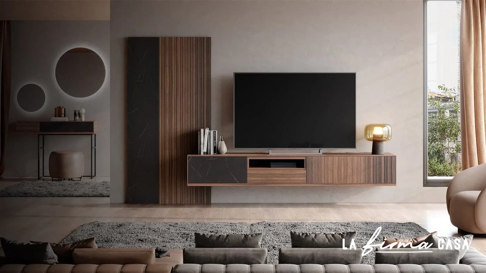 Walnut fluted tv wall unit in a sunken lounge by Clara & Home in Canada