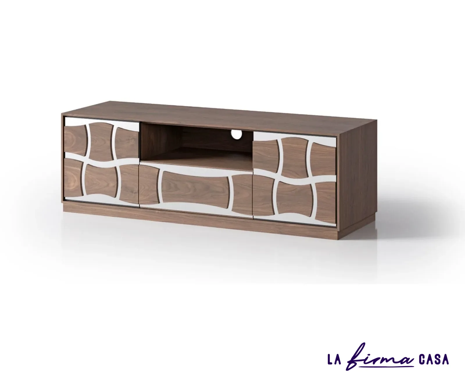 Walnut tv lowboard with wave patterned doors by Clara & Home in Canada