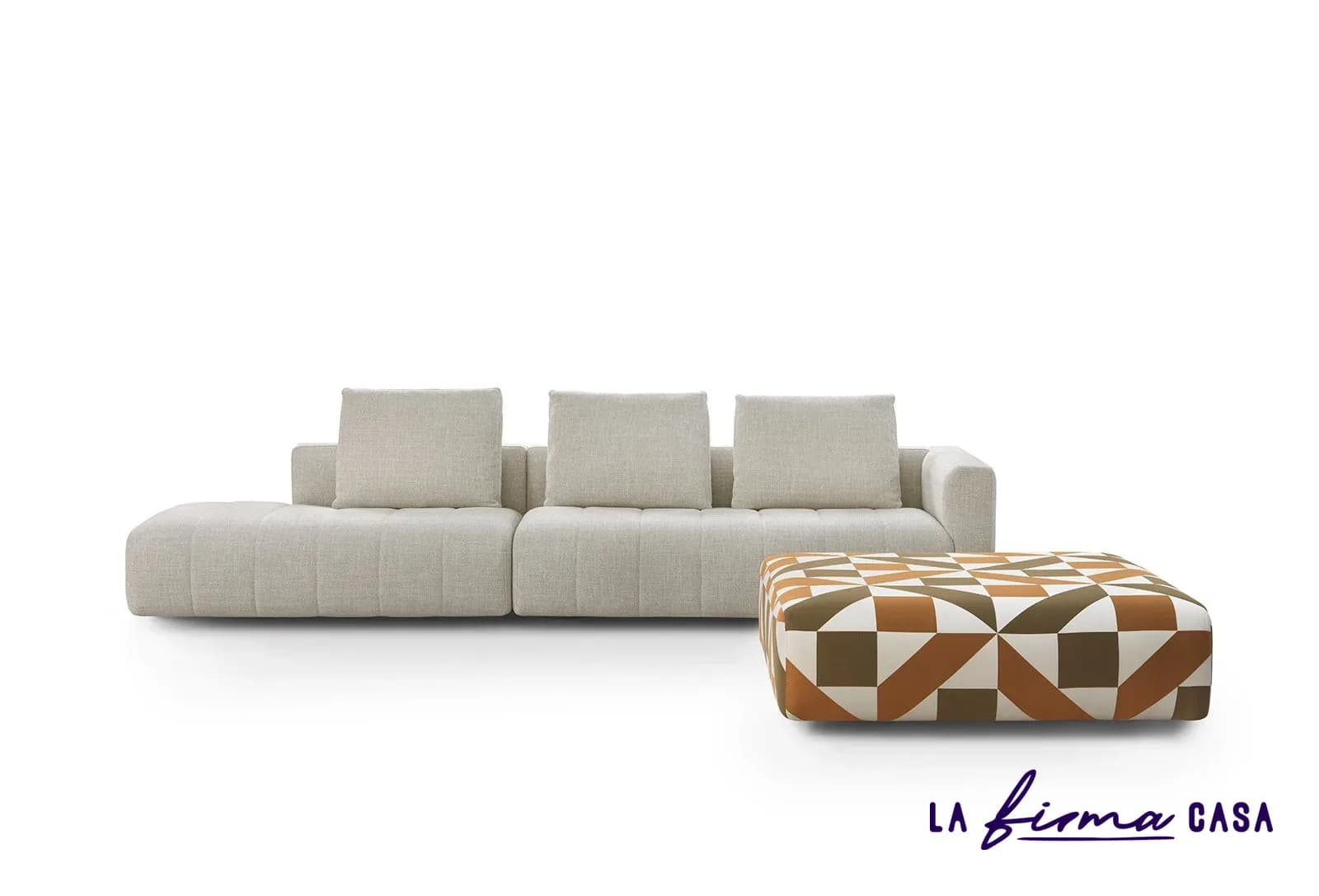Cream sofa with a geometric patterned ottoman by Gyform in Canada