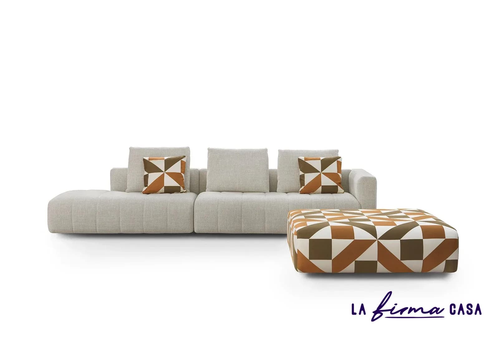 Cream sofa with patterned cushions and ottoman by Gyform in Canada