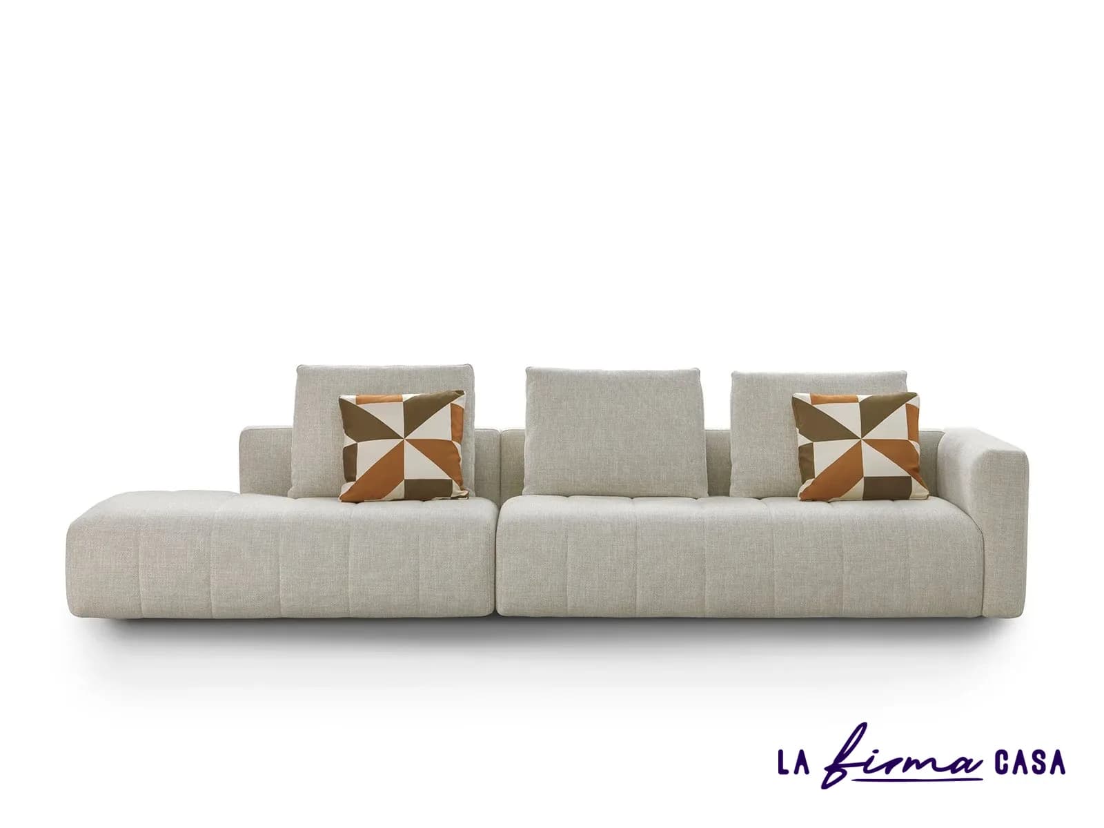 Cream two seat sofa with patterned cushions by Gyform in Canada