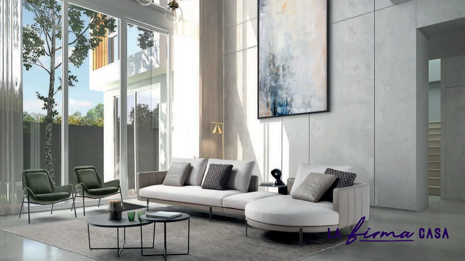 Pale sectional with round coffee tables by a garden by Gyform in Canada