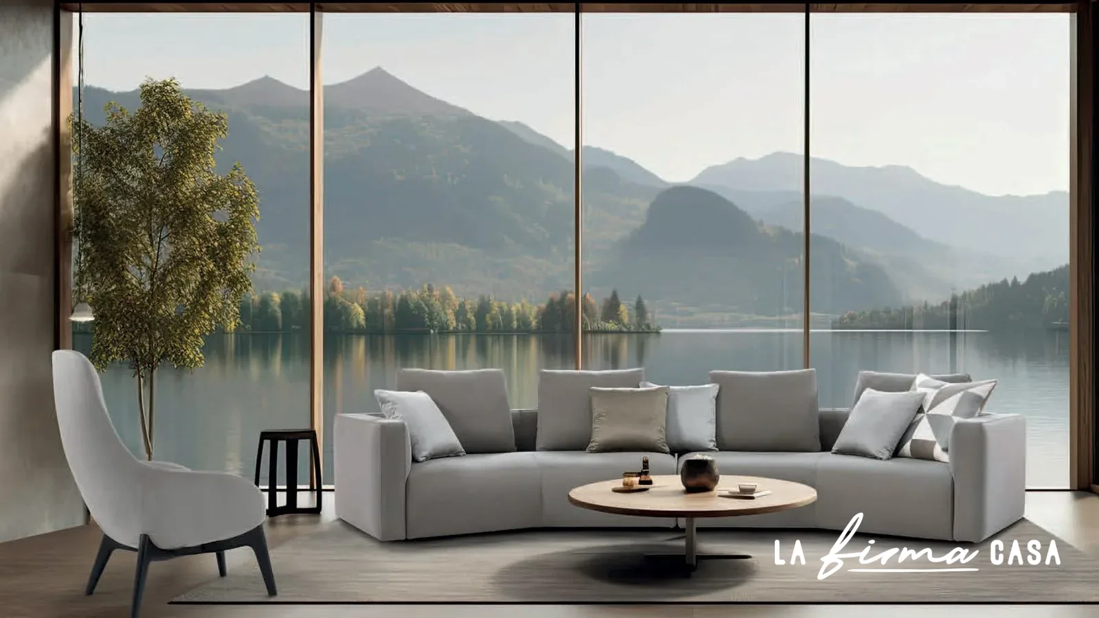 Pale sofa with a mountain lake view by Gyform in Canada
