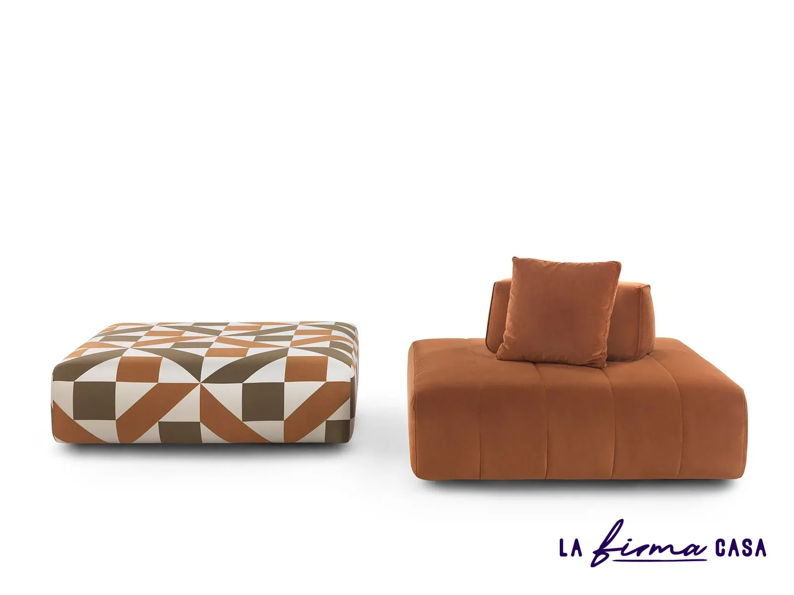 Terracotta module with a geometric patterned pouf by Gyform in Canada