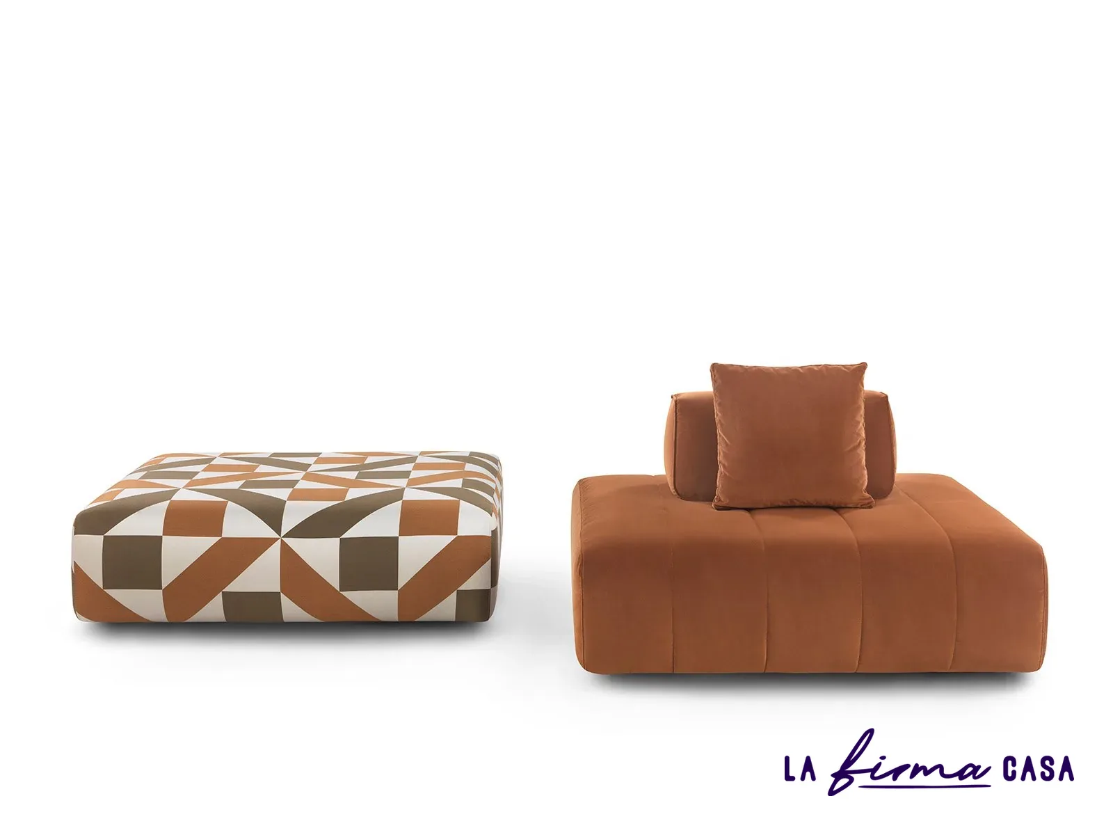 Terracotta seat module and patterned ottoman by Gyform in Canada