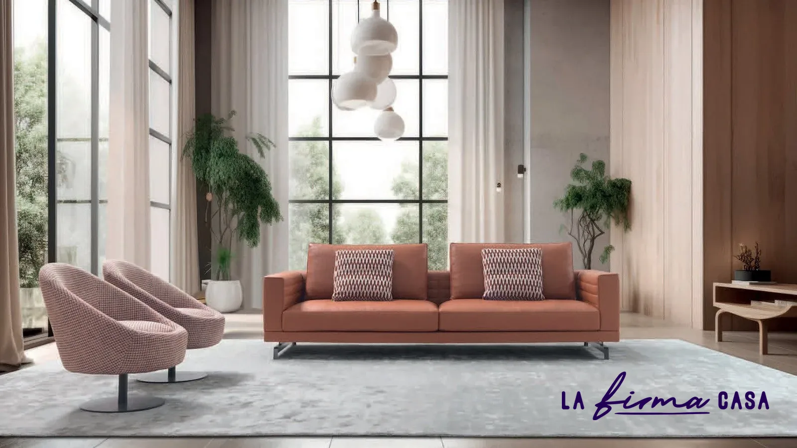 Terracotta sofa with pink swivel armchairs by Gyform in Canada