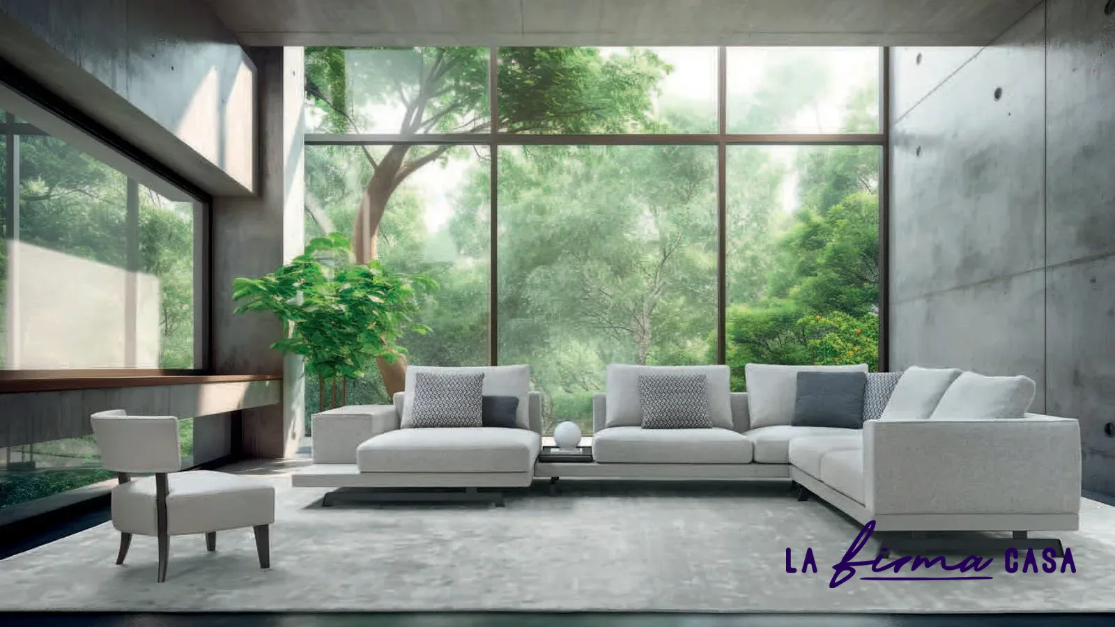 White modular sofa in a concrete garden room by Gyform in Canada