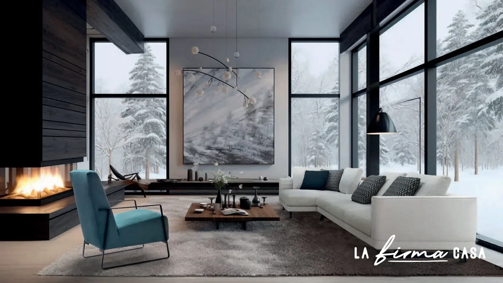 White sectional by a fireplace in a snowy landscape by Gyform in Canada