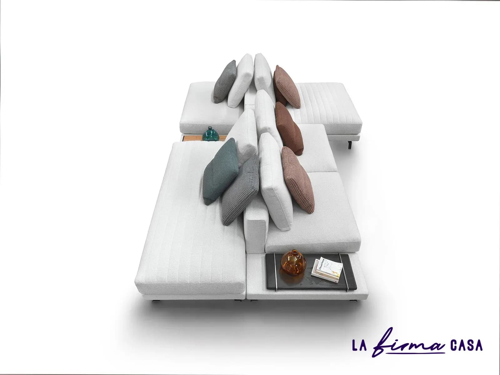 White sectional from above with scatter cushions by Gyform in Canada