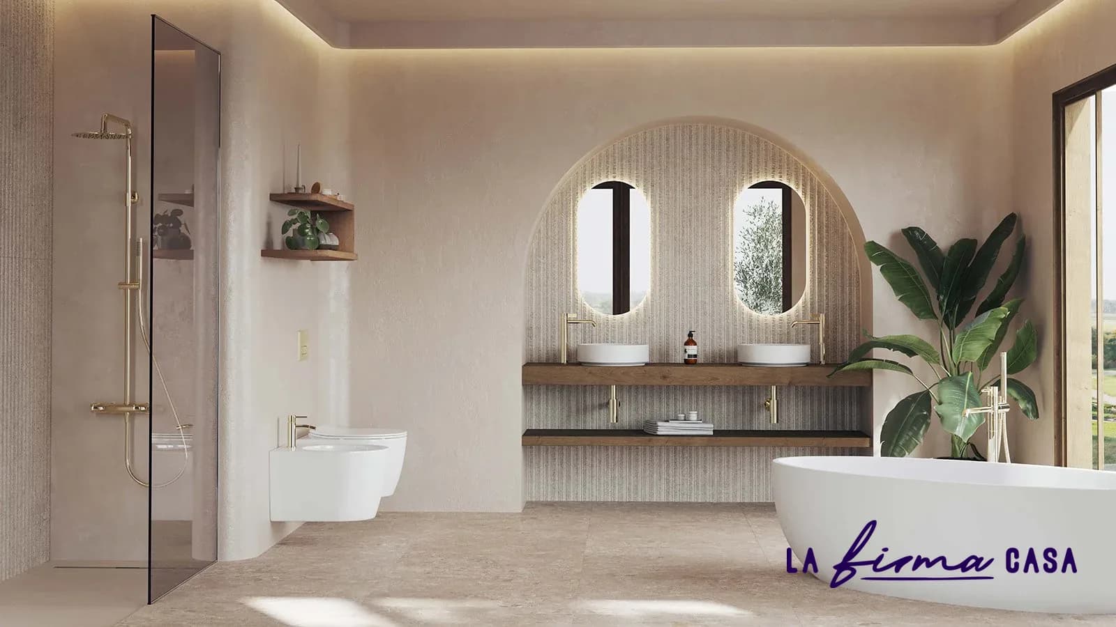 Beige bathroom with brass fittings and arched niche by IW&W in Canada