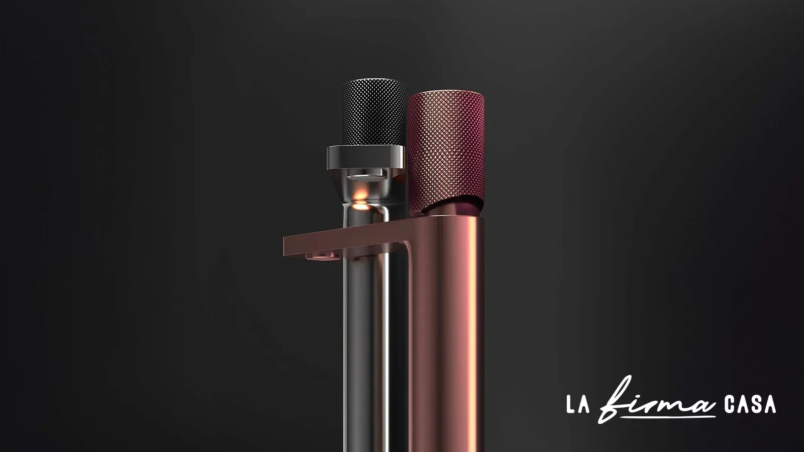 Knurled copper freestanding bath tap by IW&W in Canada