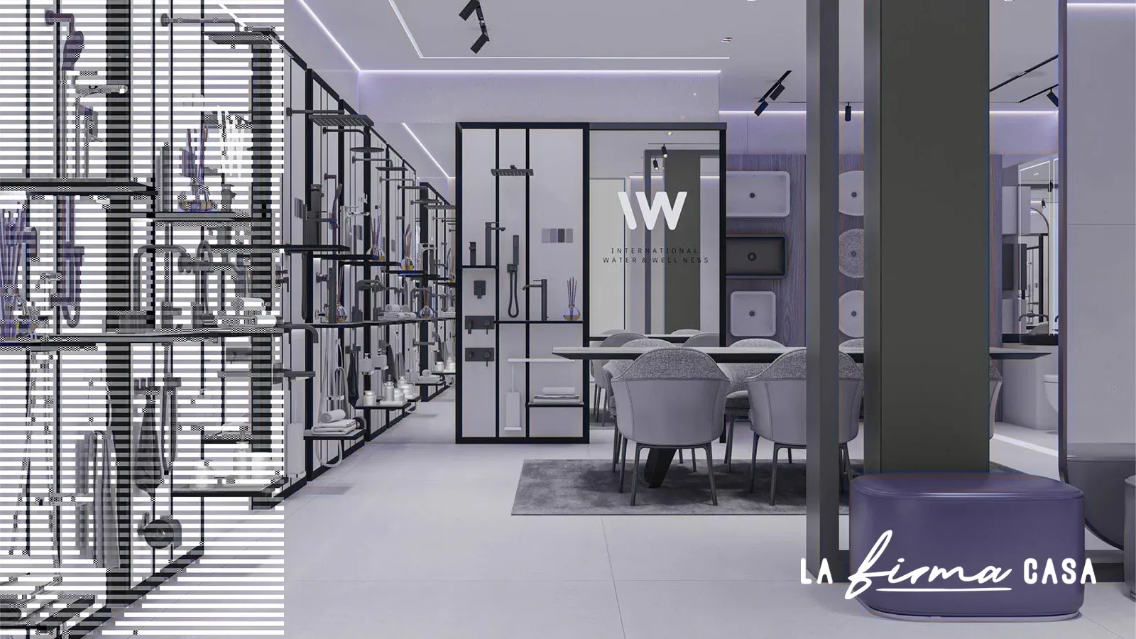 Showroom with display racks and glass partitions by IW&W in Canada
