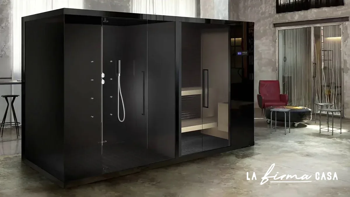 Dark hammam cabin in a concrete loft by Megius Spa in Canada