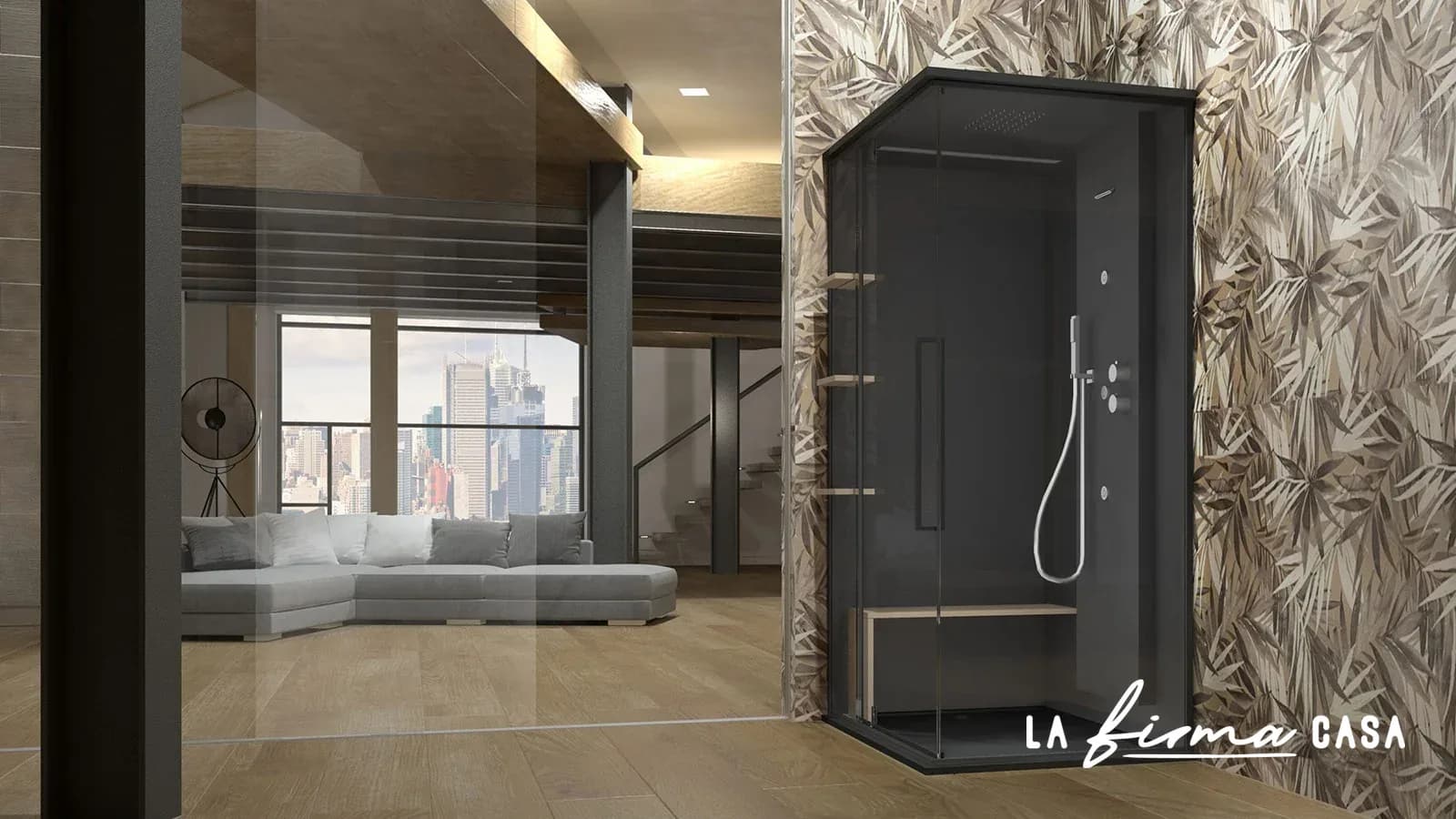 Dark shower cabin against a patterned wall by Megius Spa in Canada