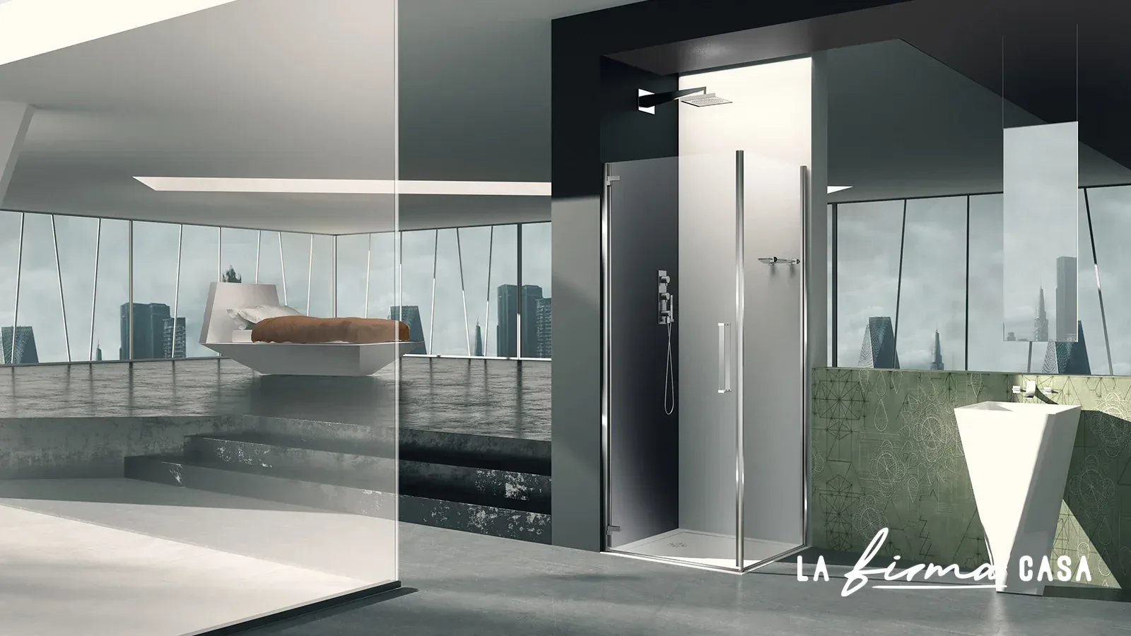 Glass shower partition in a modern bathroom by Megius Spa in Canada