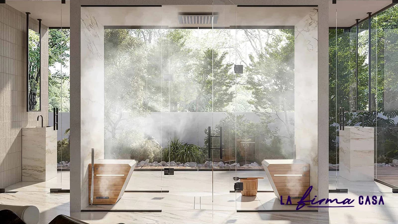 Glass steam room opening onto a garden terrace by Megius Spa in Canada